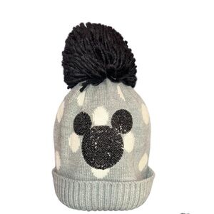 Gap Disney Mickey Beanie Blk Sequin Mouse Grey w/Wht Polka Dots & Blk Puff L/XL